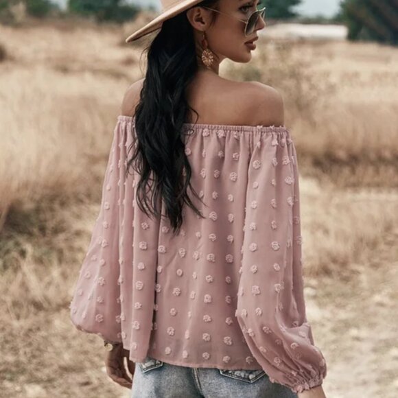 Dusty rose tufted dot off shoulder boho flowy long sleeve blouse sizes M and L - Picture 3 of 5